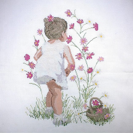 십자수 완성작품(원단상태)-GIRL WITH COSMOS(14카운트)/6031