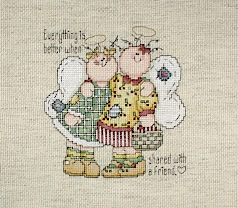 십자수 완성작품(원단상태)-천사커플(오트밀)/6221