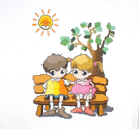 십자수 완성작품(원단상태)-쿠션용-벤치포즈/10367