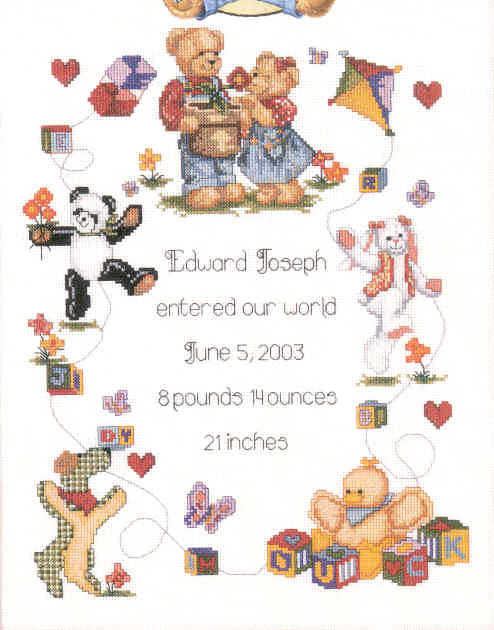 외국 십자수패키지 Bucilla/BLUE JEAN TEDDY & FRIENDS BIRTH RECORD-43375