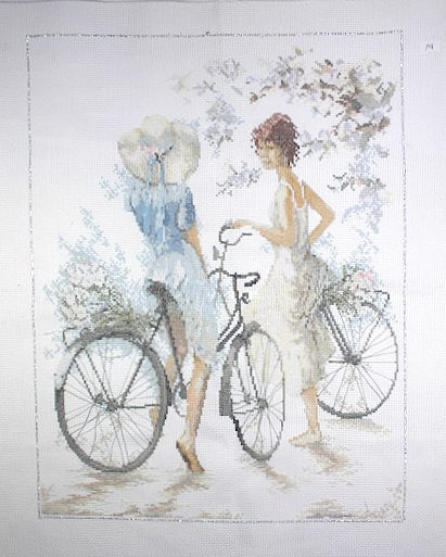 십자수 완성작품(원단상태)-자전거여인(오로라반짝이)/14249