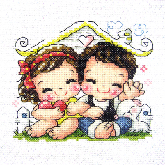 십자수 완성작품(원단상태)-작은쿠션용, 잠시주차쿠션용-함께라서행복해요/14744