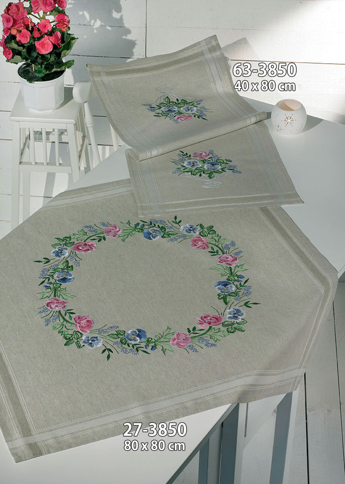 Permin 프랑스자수패키지/ 테이블보 Pink and Mauve Flowers-27-3850