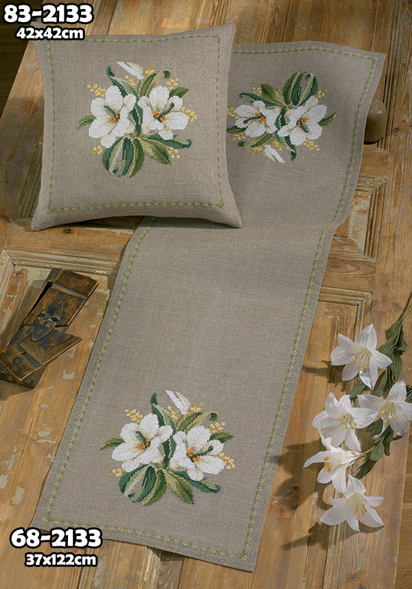 외국 십자수패키지 Permin/직사각러너 White Flowers Runner-68-2133