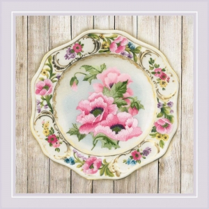 외국 십자수패키지 RIOLIS/(Embroidery)프랑스자수 Plate with Pink Poppies. Satin Stitch-PT-0075(배경프린트 원단)